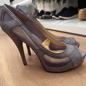 Enzo Angiolini Purple Peep-Toe Sparkling Satin  Cutout Pumps. 6.5